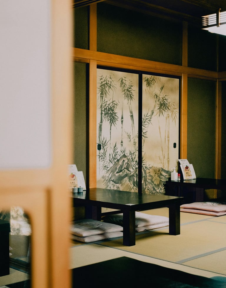 Traditional Japanese room with tatami, reflecting quiet living in Kurume