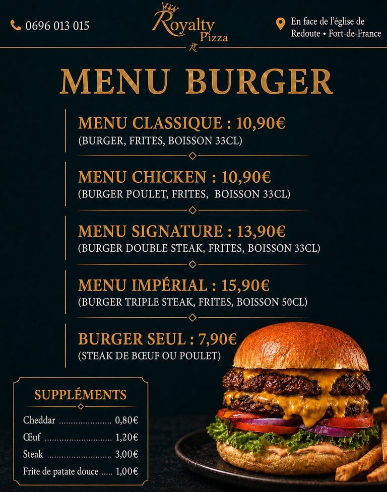 Carte Menu Burger,  Royalty Pizza, Fort de france, Martinique 