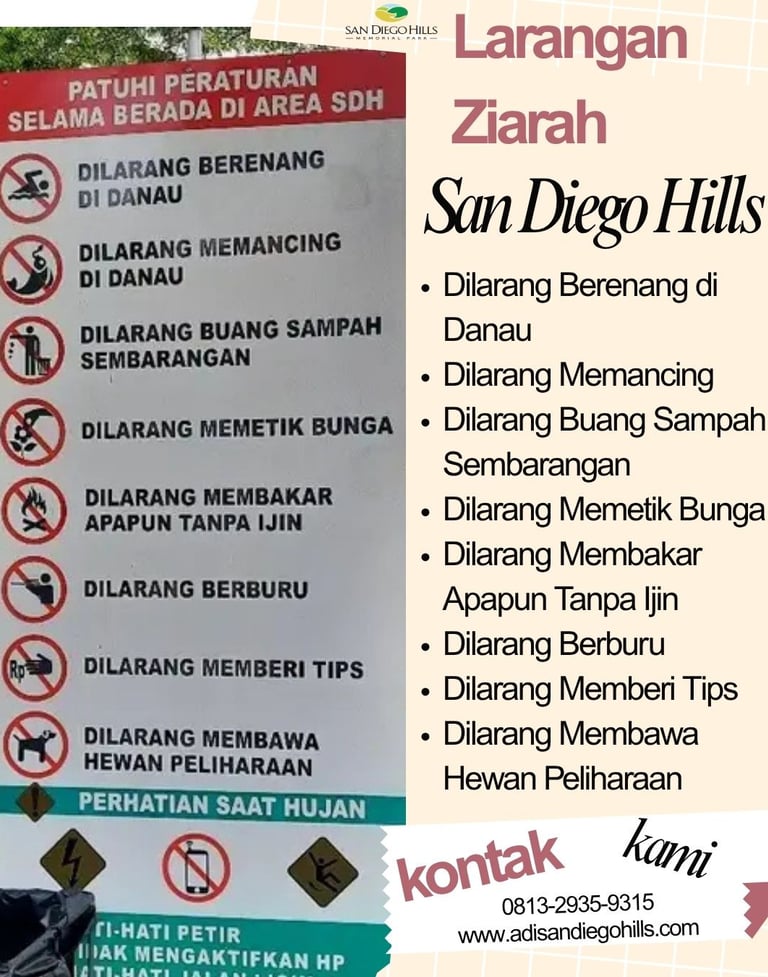 Plang Resmi Aturan, Etika dan larangan Ziarah di Setiap Mansion San Diego Hills Karawang
