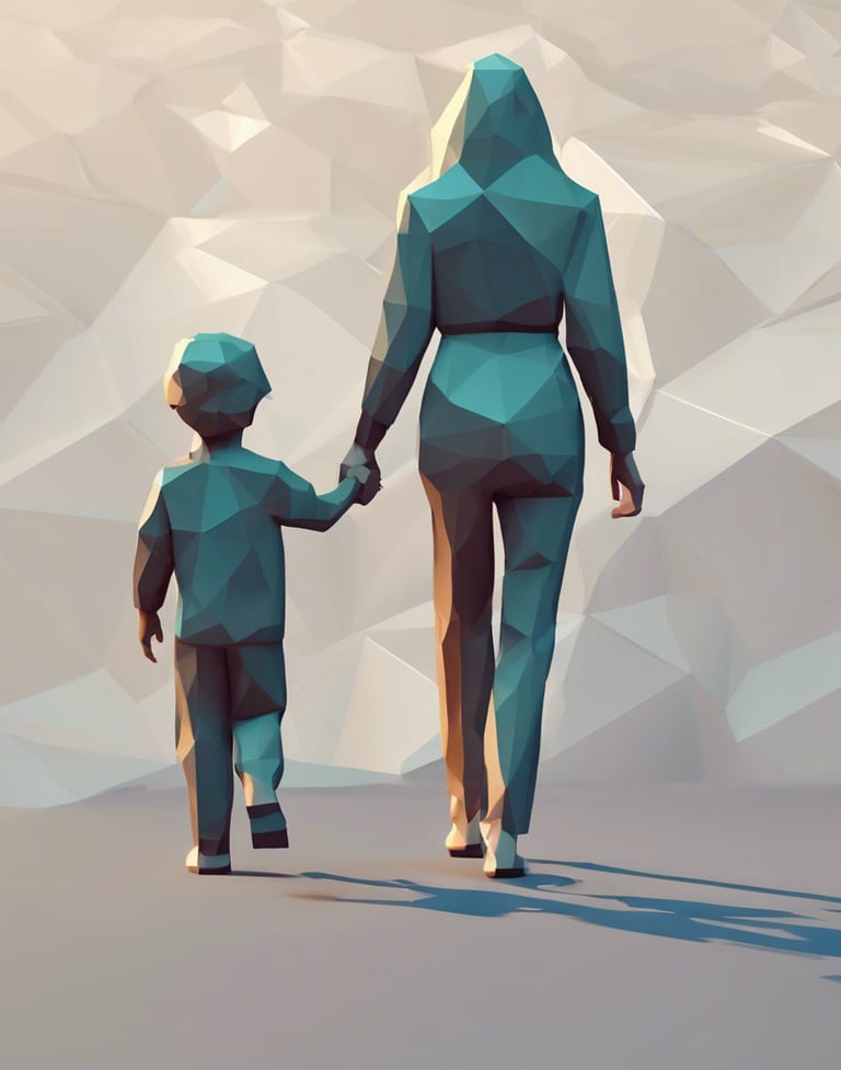 Eine Mutter und ihr Kind laufen und halten die Hände. Sie sind nur von hinten zu sehen