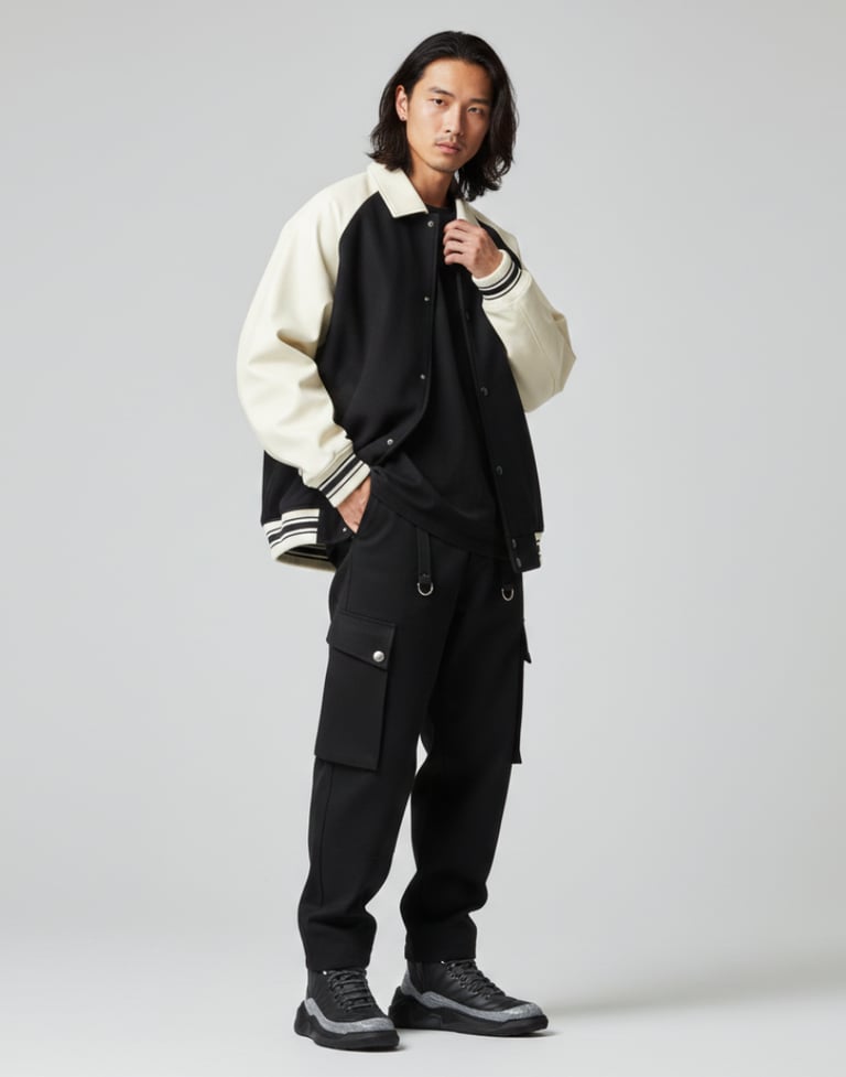 A man wearing a black and cream varsity jacket with black cargo pants and sneakers.