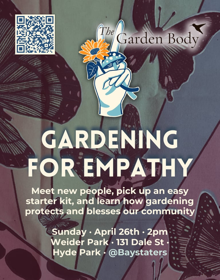 Gardening for Empathy event poster with butterflies, a floral hand illustration, and event details for Weider Park.