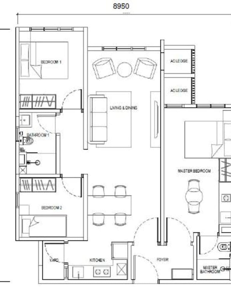 Type F2 layout – 850sf Dual Key apartment without balcony, 3 rooms 2 baths near RTS link
