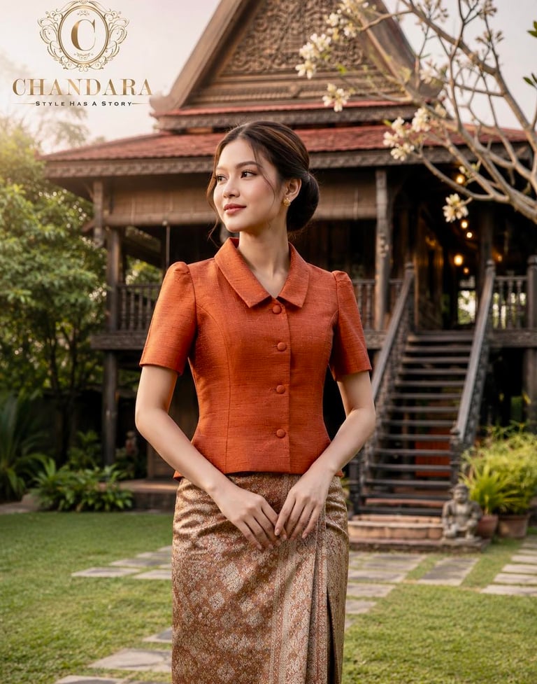 A woman in a traditional burnt orange Thai silk blouse and patterned skirt posing before a wooden pavilion.