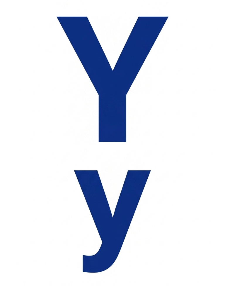 Uppercase and lowercase letter Y in a bold blue sans-serif font on a white background.