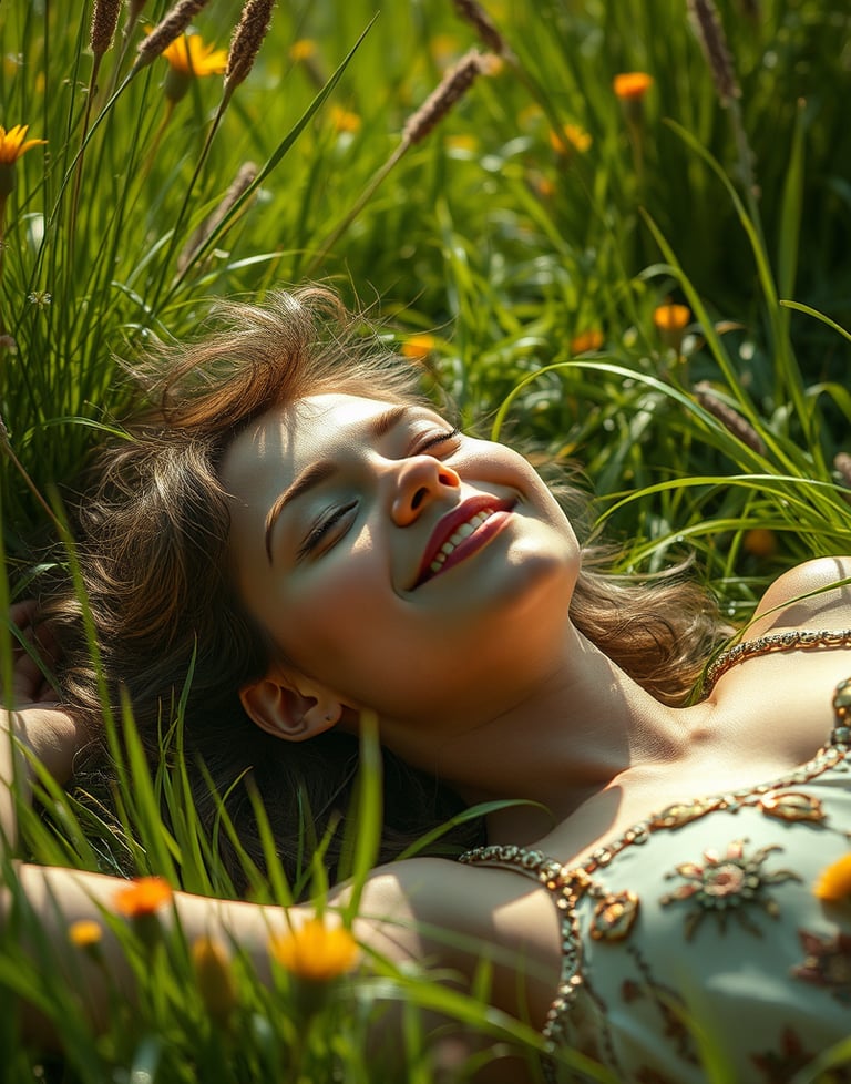 femme couchée dans l'herbe, heureuse