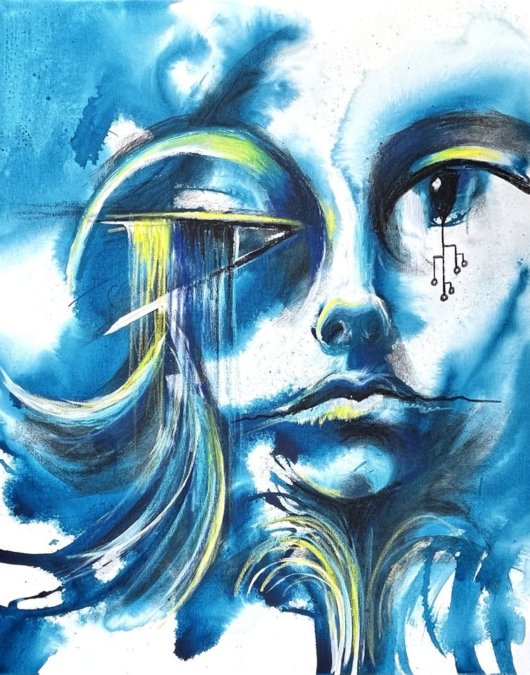 blue abstract face painting from the satirical series Not My Collector By Tara Roskell