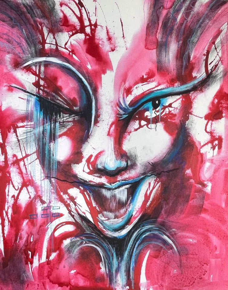Red abstract face painting from the satirical series Not My Collector By Tara Roskell