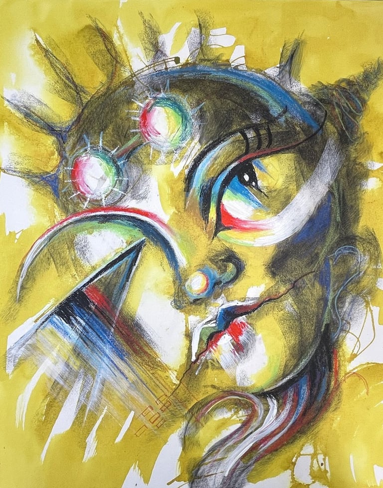 Not My Collector abstract face painting by Tara Roskell featuring a colourful expressive face on a yellow background.