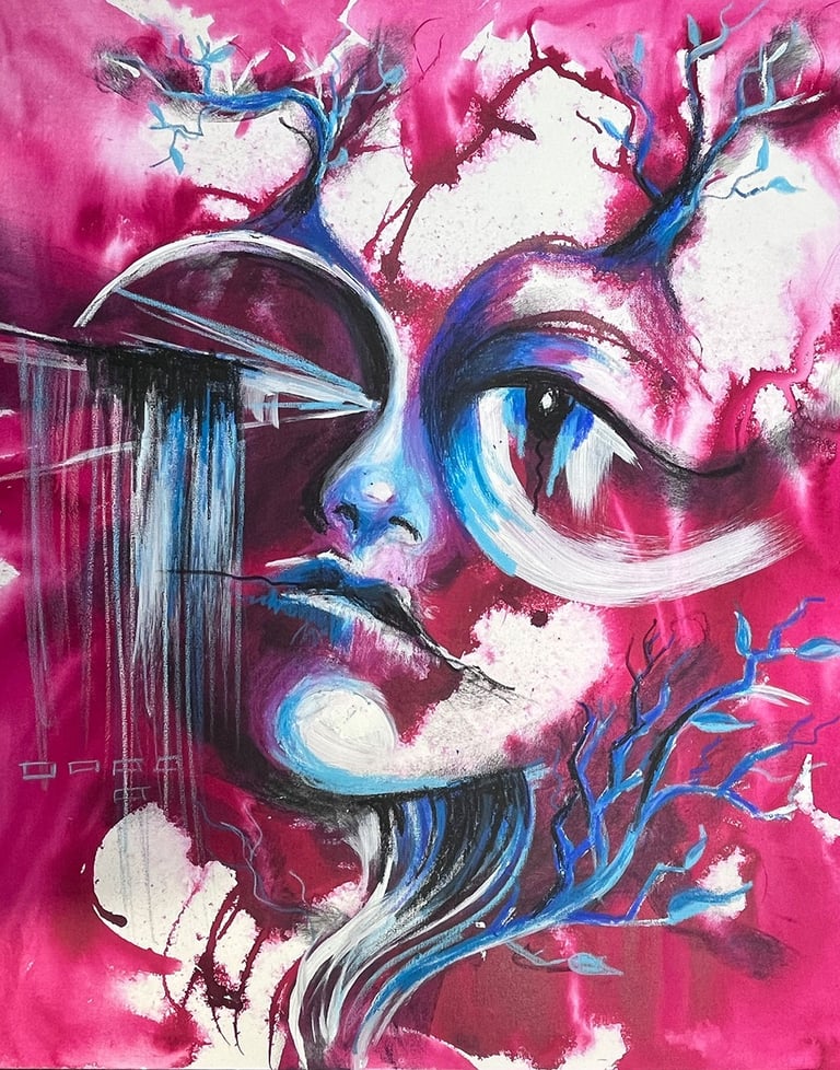 Pink abstract face painting from the satirical series Not My Collector By Tara Roskell