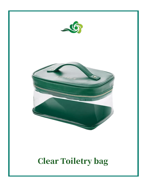 a clear plastic toilet bag with a green handle