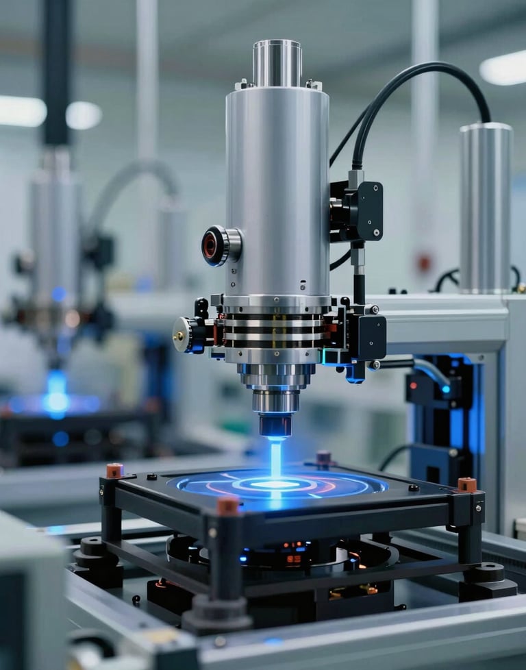 A close-up of a high-tech manufacturing facility with blue and white lights, symbolizing precision engineering and modern tech development.