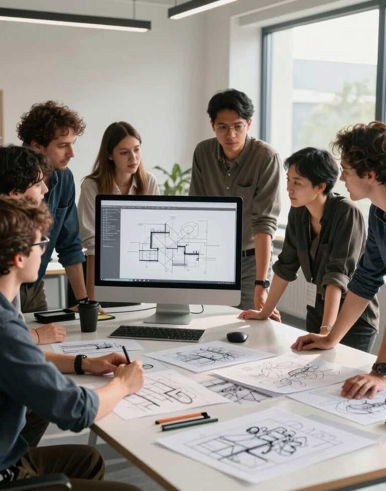A professional portrait of a design team collaborating around a large table in a sun-drenched, modern North American studio. They are looking at large monitors and physical sketches. The mood is highly professional, collaborative, and forward-thinking.