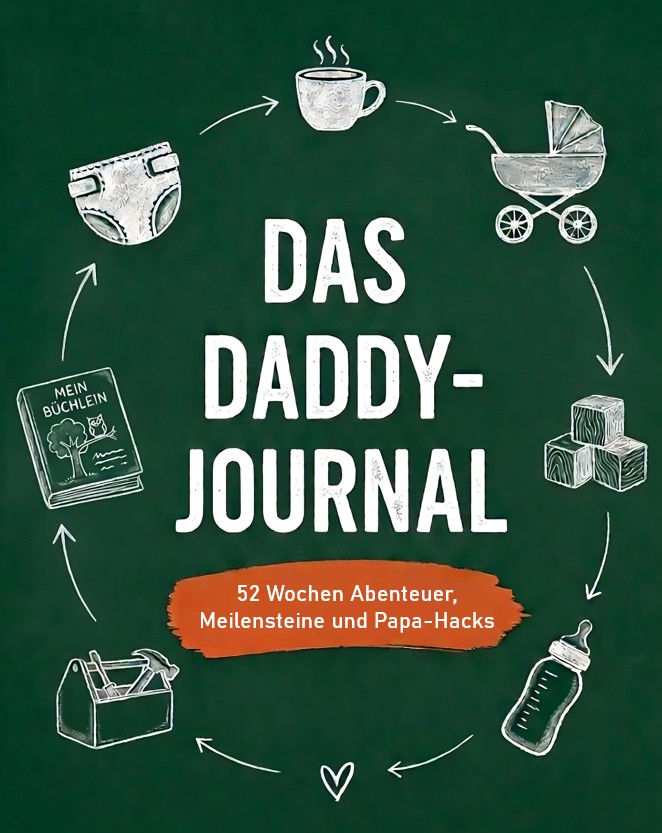 Cover „Das Daddy-Journal“: Weißes Kreide-Design mit Baby-Symbolen (Kaffee, Kinderwagen, Werkzeug)