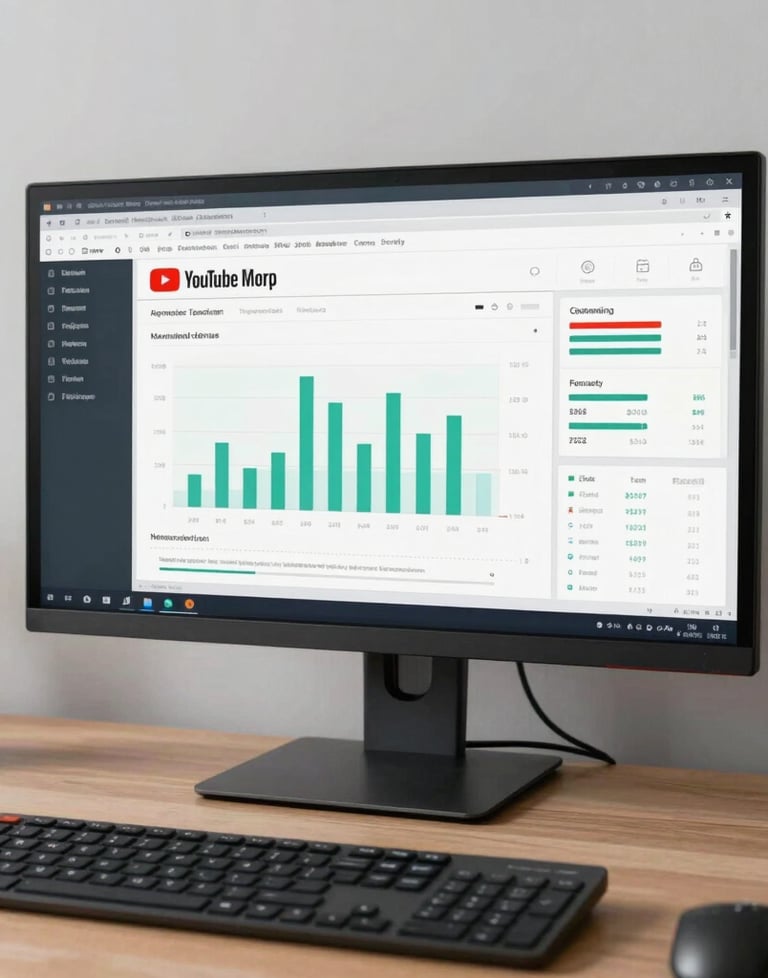 A professional workspace with a large monitor displaying YouTube analytics and monetization graphs, clean and sophisticated.