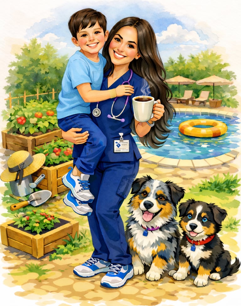 A smiling nurse in blue scrubs holding a child, two dogs, coffee, and a garden by a pool.