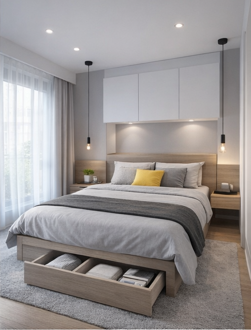 dormitorio moderno pequeño con cama con almacenamiento