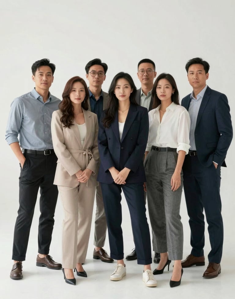 A clean, bright studio portrait of a collaborative professional team in a modern environment. North American / International attire, confident and modern tone.