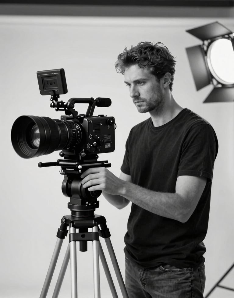 A black and white portrait of a lead cinematographer standing behind a tripod, looking off-camera. The lighting is sophisticated and professional, set in a modern studio. Global / International.