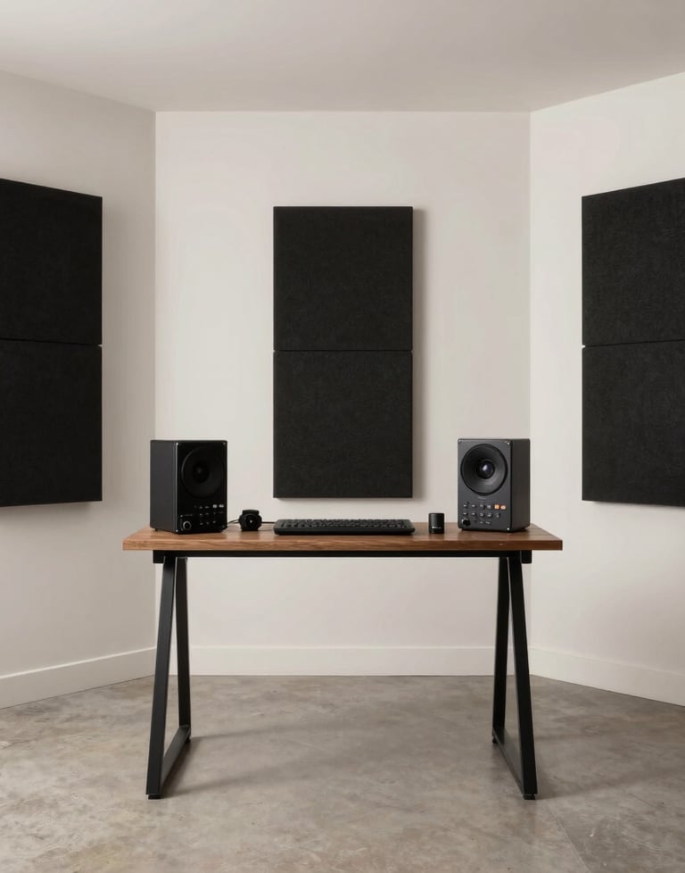 An interior wide shot of a clean, modern home studio in the US, with sound diffusion panels on the wall and high-end digital gear.