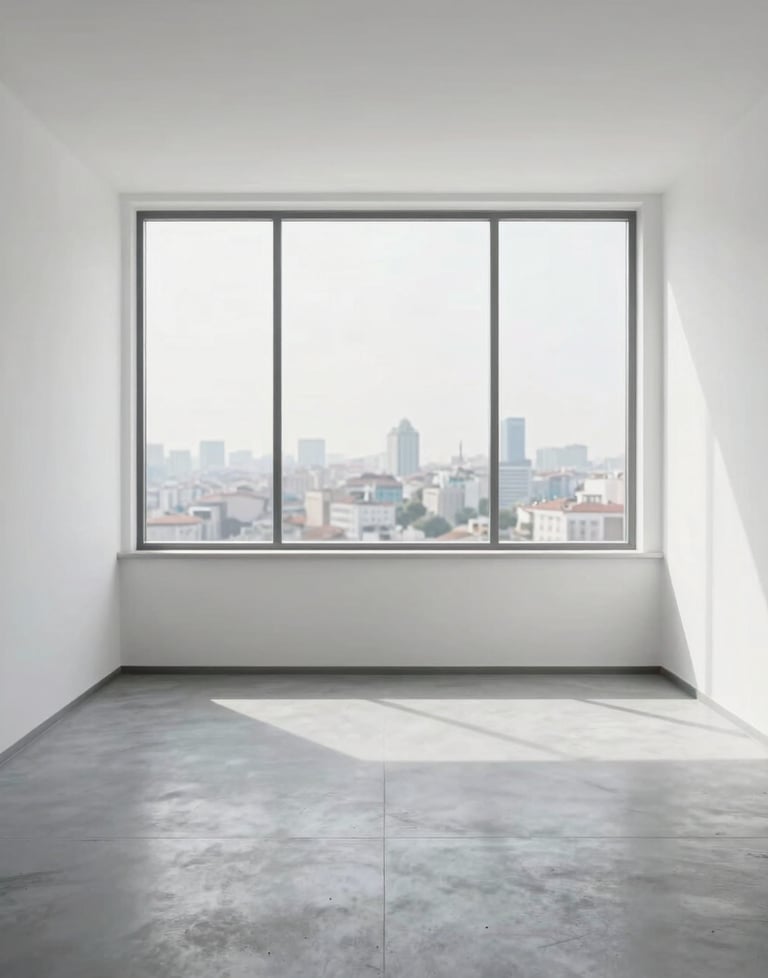 A clean, empty minimalist office space with a large window looking out at a blurry Turkish city skyline. White walls, grey floor, modern and peaceful.