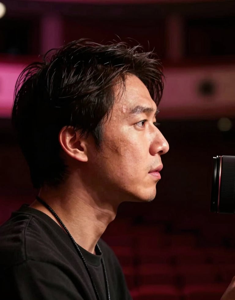 Close-up profile of a professional lighting designer at work in a dark North American / US theater, with subtle pink lighting in the background.