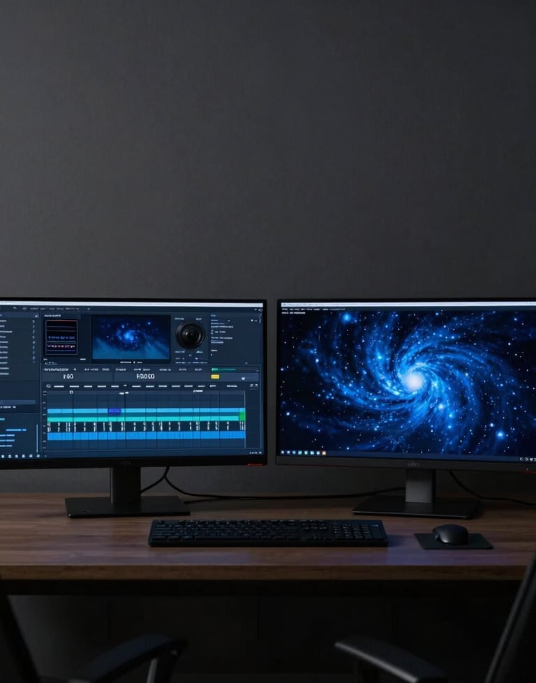 Minimalist shot of an editing suite in a charcoal-walled room. Two monitors glow with a dark cosmos blue color palette.