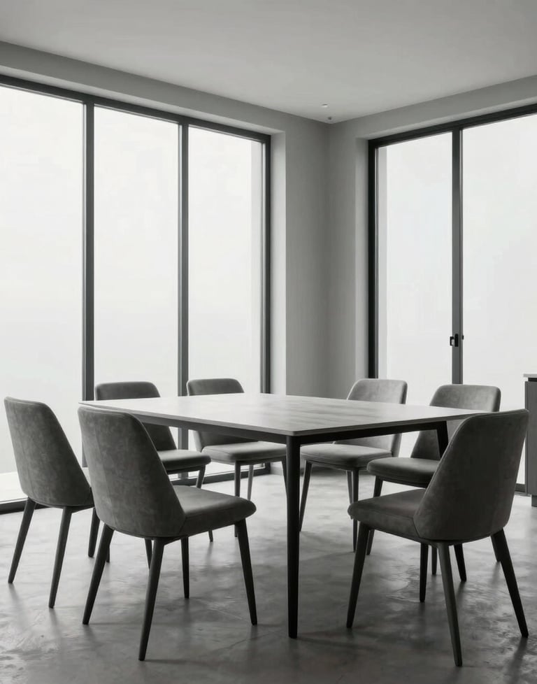 An empty, minimalist dining room with large windows and clean grey furniture. Calm and sophisticated atmosphere.