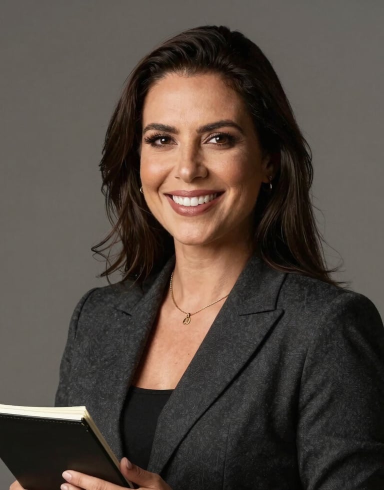 Elegant headshot of Laiane Guedes, smiling warmly, holding a notebook, dark slate corporate attire, photographed in Jaraguá do Sul, Brazil. Professional portrait photography with high-end lighting.