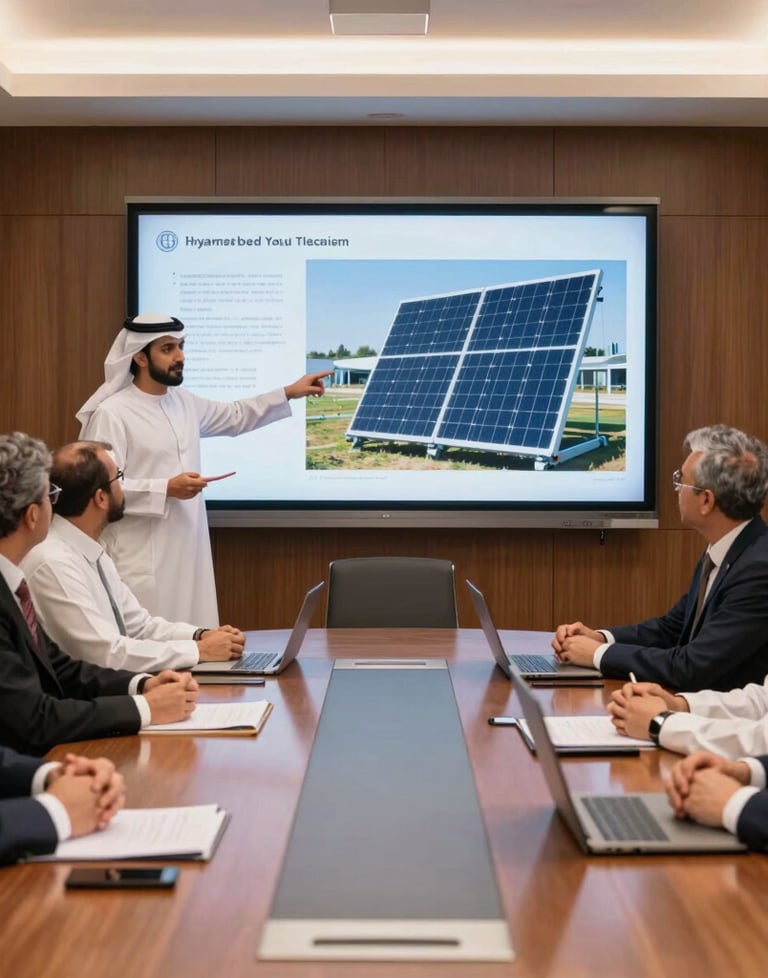 Group meeting in a professional boardroom. Engineers are presenting a solar project on a large screen. Middle Eastern / Yemeni setting.