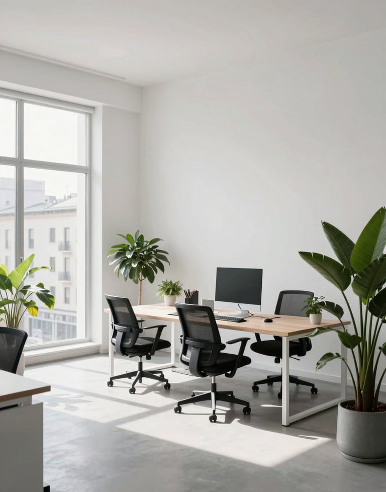 Wide shot of a minimalist, modern office in a European city. Bright natural light, clean white walls, and a few green plants. Calm and innovative professional setting.