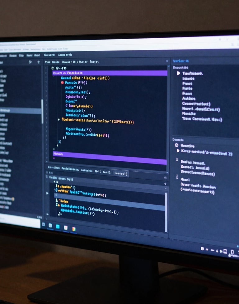 A high-resolution 4K monitor displaying a complex code editor with syntax highlighting in electric blue and purple. North American / US tech environment.