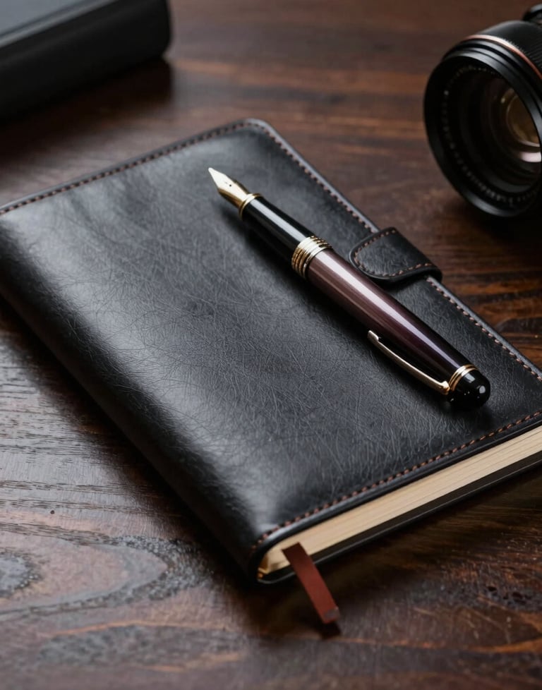 A professional photograph of a high-end leather executive notebook and an expensive fountain pen on a dark wood desk. The lighting is moody and prestigious, reflecting the experience and authority of a business founder.