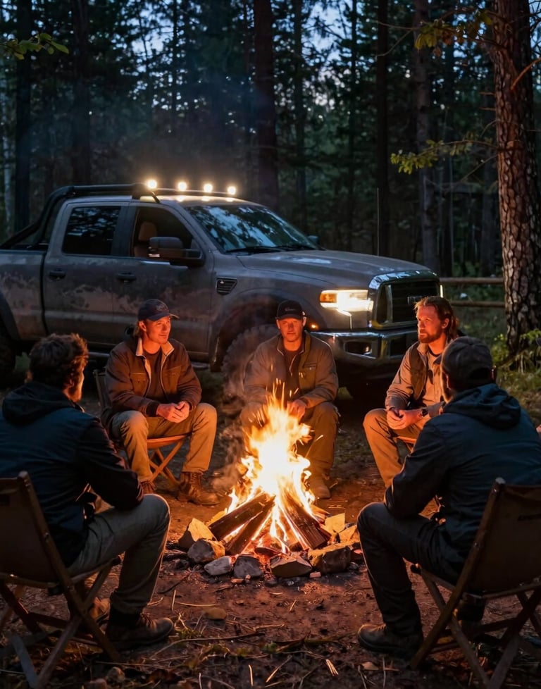 A cinematic shot of a group of men gathered around a warm campfire at night in the North American woods. A rugged truck with its lights on is parked nearby, casting a glow on the trees. The mood is community-driven and grounded.