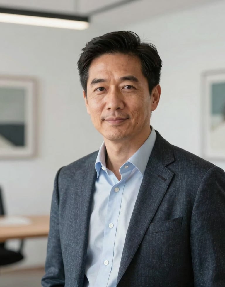A sophisticated portrait of a strategist in a North American studio setting, blurred background showing a white-walled office with modern art, bright natural lighting.