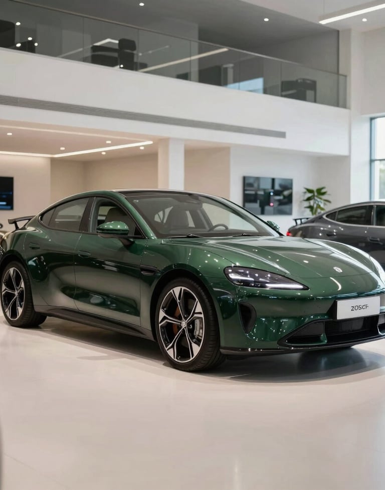 Workshop interior shot: an elegant dark green car in the center, bright clean floor, reflecting the premium nature of the shop in French / Charente-Maritime.