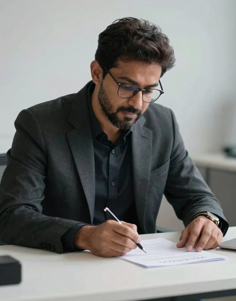 A candid shot of S M Emon Hossen Bappy in a professional setting, looking engaged while working on a research proposal at a modern white desk.