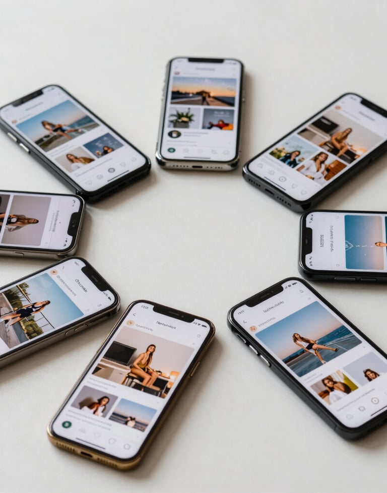 A bright studio shot of several colorful smartphones arranged in a circle, each displaying a different section of a lifestyle app. Global / Western.