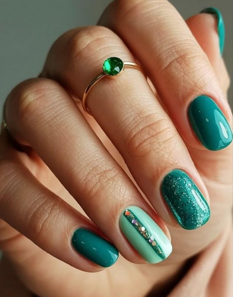Emerald green and mint green nails with glitter and rhinestone accent – chic jewel-toned fall nail a
