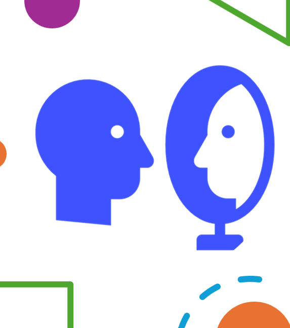 Blue head icon looking into blue mirror icon with white relefection
