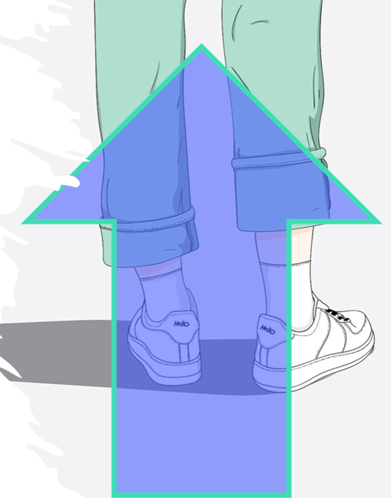 a person standing in front of a blue arrow pointing up