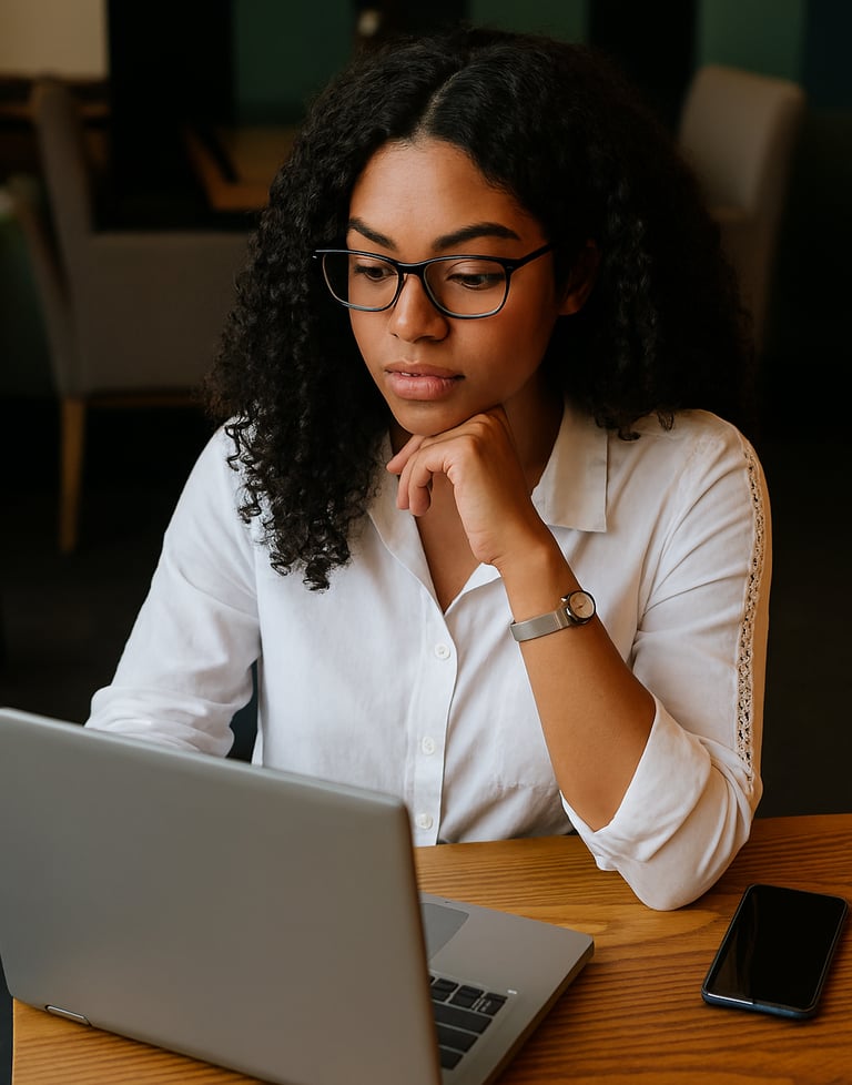 Mulher trabalhando no desenvolvimento de site, criando soluções digitais eficientes