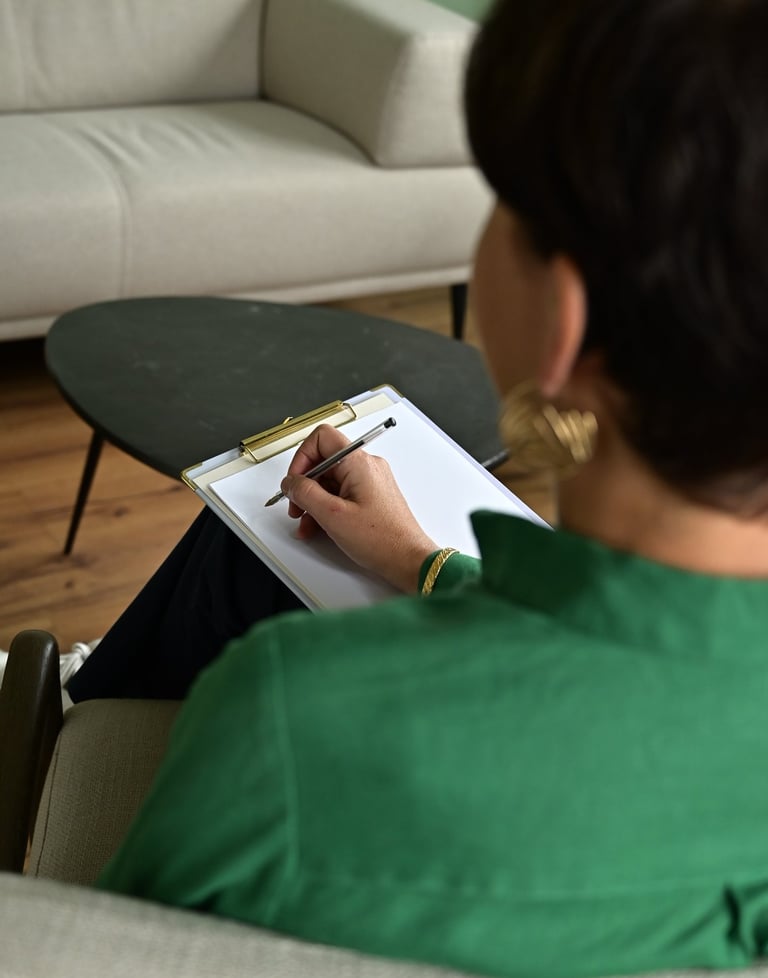 Photo de la psychologue Marie Legrand prenant des notes