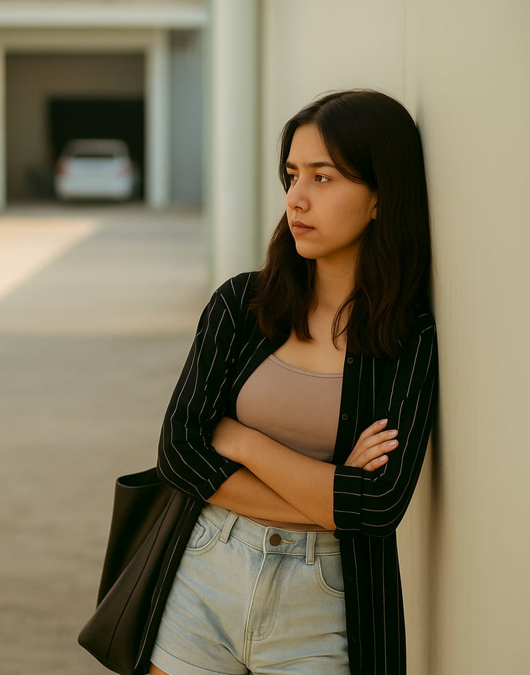 jeune adolescente isolée adossée à un mur