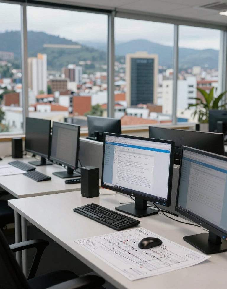 A scenic view of an engineering firm's workspace in a South American city, featuring clean desks, technical monitors, and blueprints.