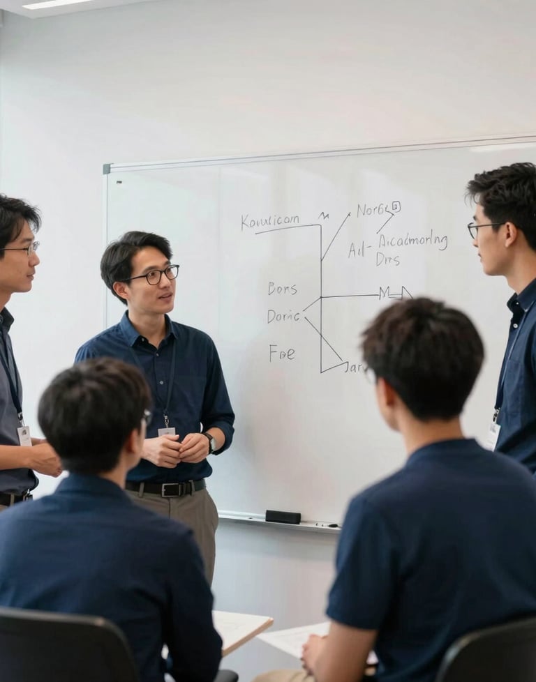 Candid photography of a group of developers collaborating around a whiteboard in a sleek North American office. Natural light, professional attire, and navy blue accents.