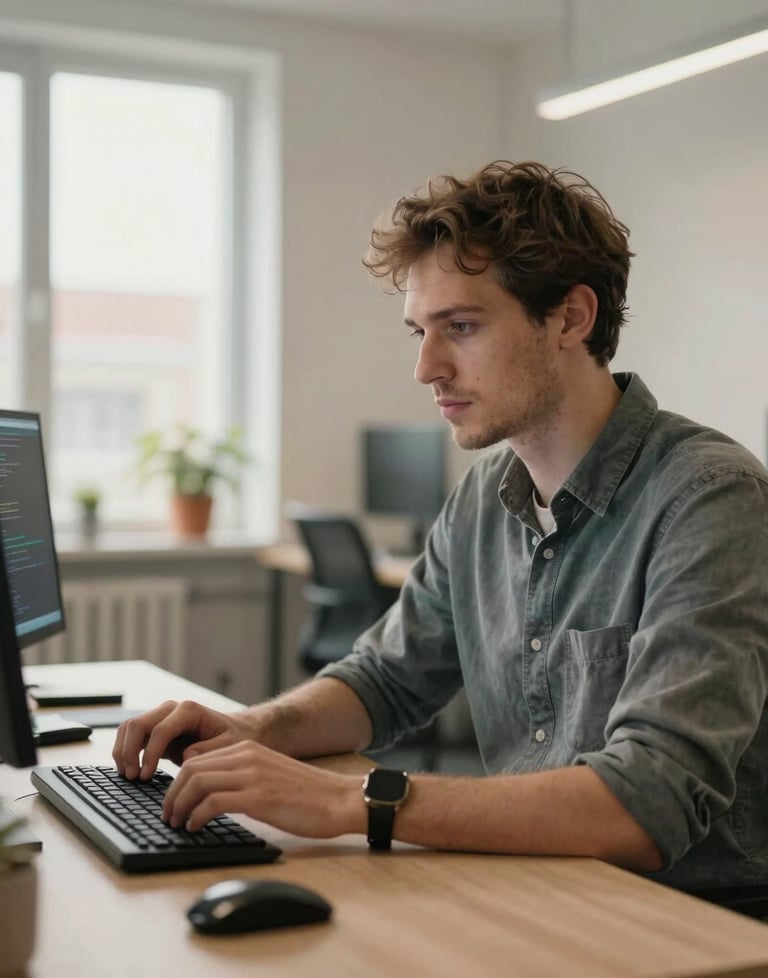 Portrait of a professional developer in a bright European office, focused on writing code. Warm, natural lighting and modern decor.