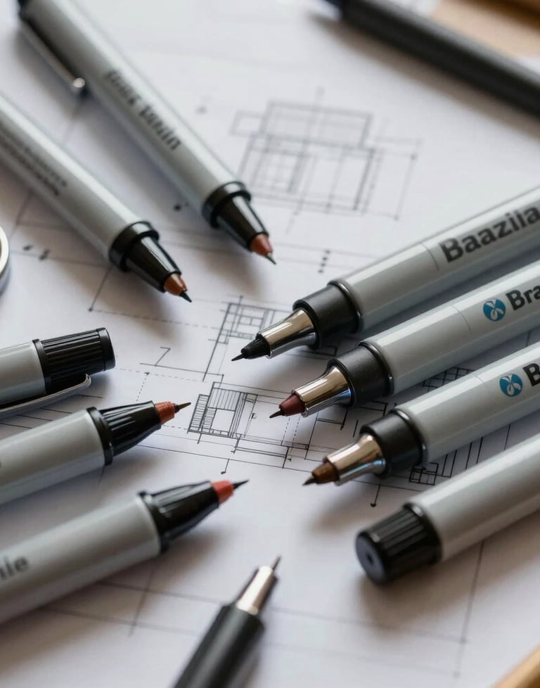Close-up of a set of high-quality markers and pens on an architectural drawing, showcasing precision and detail oriented work in a Brazilian design studio.