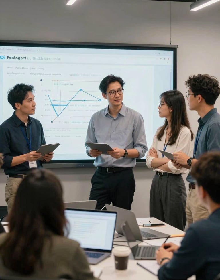 A candid, professional portrait of a modern development team collaborating around a large screen in a bright North American tech hub. The atmosphere is energetic and innovative.