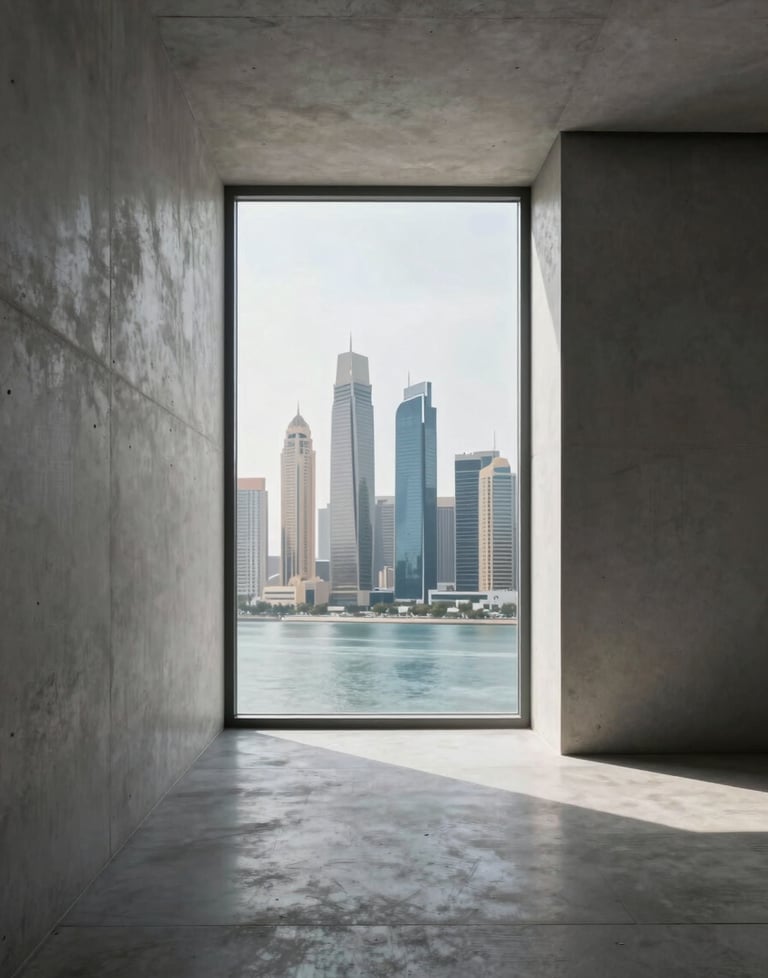 A minimalist architectural interior with smooth concrete walls and a single large window looking out onto a modern Gulf city skyline.
